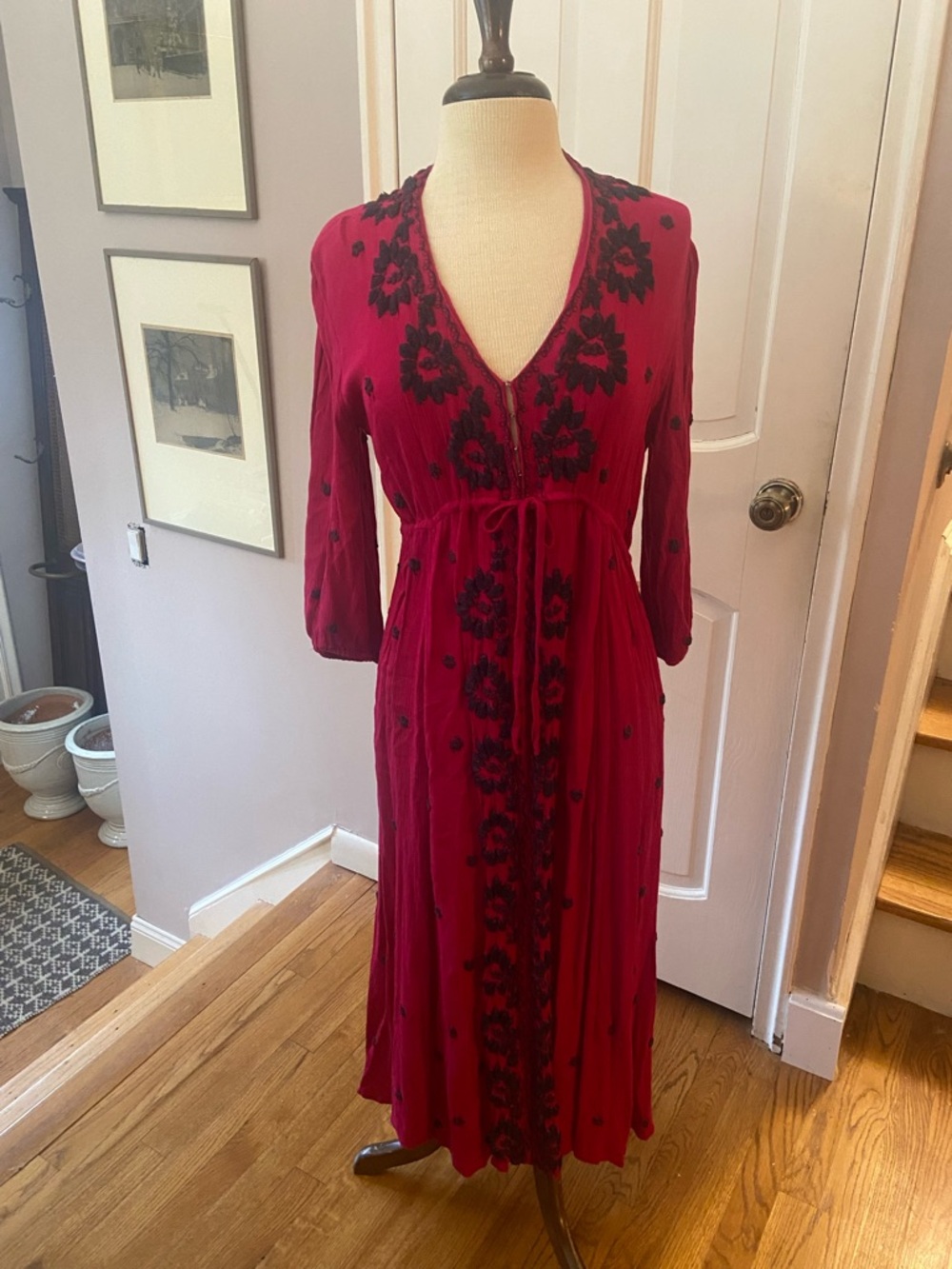 Free People Red Maxi Dress with Black Floral Embroidery